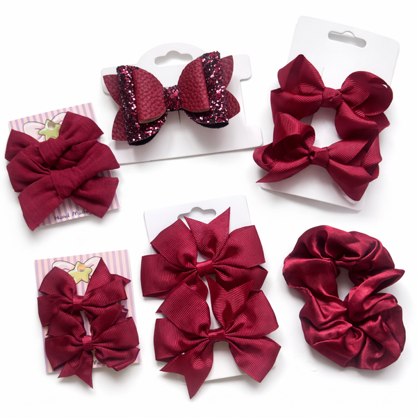School Hair Accessories Burgundy Pack Bows, Clips