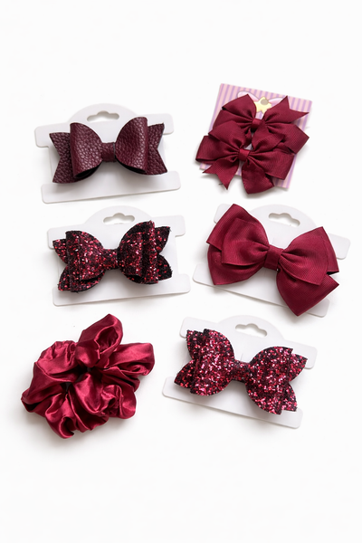 School Hair Accessories Maroon Pack Bows, Clips, Scrunchie