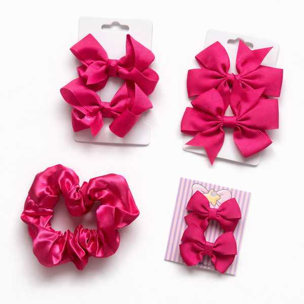School Hair Accessories Bright Pink Pack Bows, Clips, Scrunchie