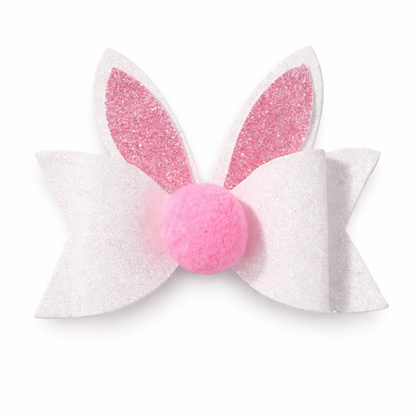 Easter Bunny Ears Hair Clip White and Pink Glitter Bow