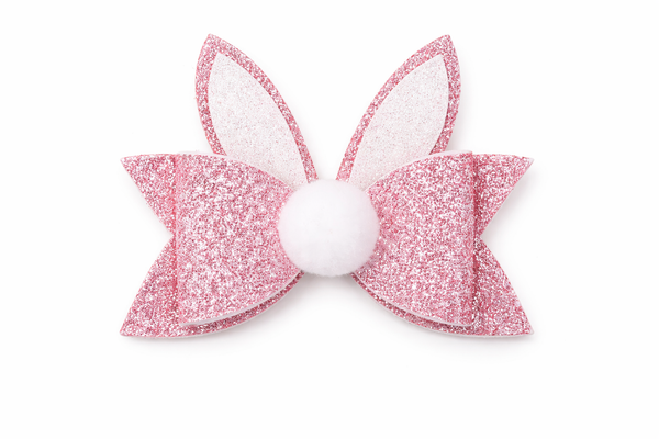 Easter Bunny Ears Hair Clip Pink and White Glitter Bow