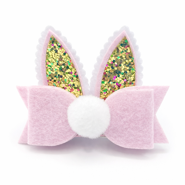 Felt Bunny Ears Hair Clip with Gold Rainbow Glitter Ears