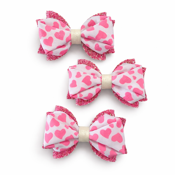 Valentine’s Day Pink and white Ribbon and Glitter Bow Hair Clip