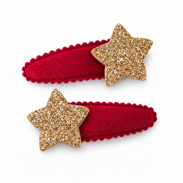 Christmas Gold Glitter Star Snap Clip Pair Red