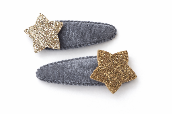 Christmas Gold Glitter Star Snap Clip Pair Grey