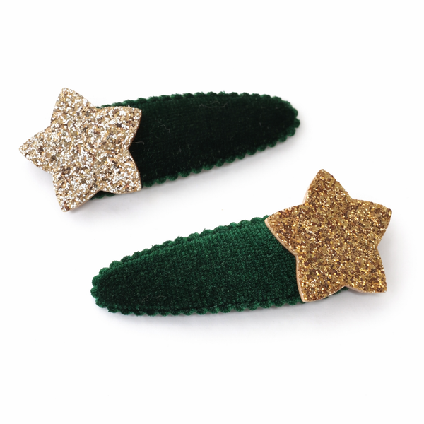 Christmas Gold Glitter Star Snap Clip Pair Green
