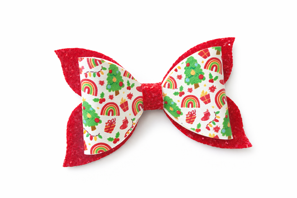 Christmas Rainbow and Red Glitter Bow