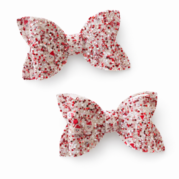 Santa Christmas Glitter Confetti Red Pigtail Pair Bows