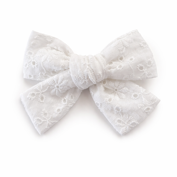 White embroidered Fabric Bow Hair Clip