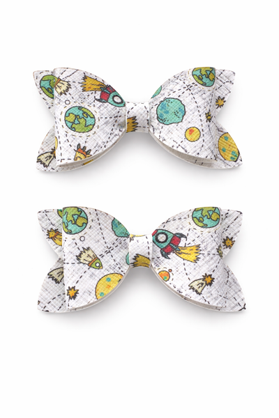 Planets, Rockets and Space Pigtail Bow Pair