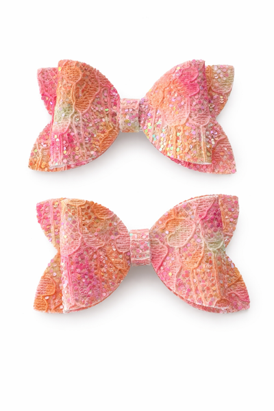 Peach Lace Pigtail Bow Pair