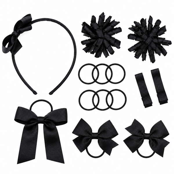 School Hair Accessories Black Pack Bows, Clips, Hair Ties, Headband