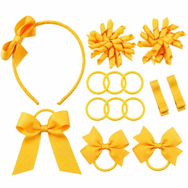 School Hair Accessories Yellow Gold Pack Bows, Clips, Hair Ties, Headband
