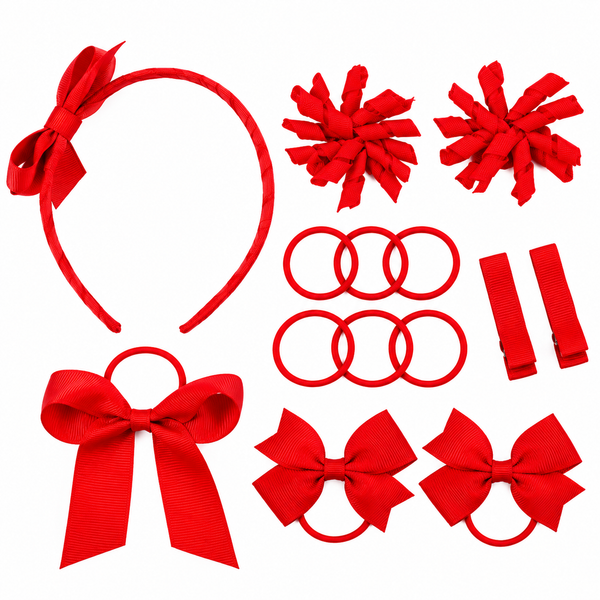 School Hair Accessories Red Pack Bows, Clips, Hair Ties, Headband