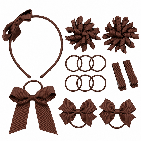 School Hair Accessories Brown Pack Bows, Clips, Hair Ties, Headband