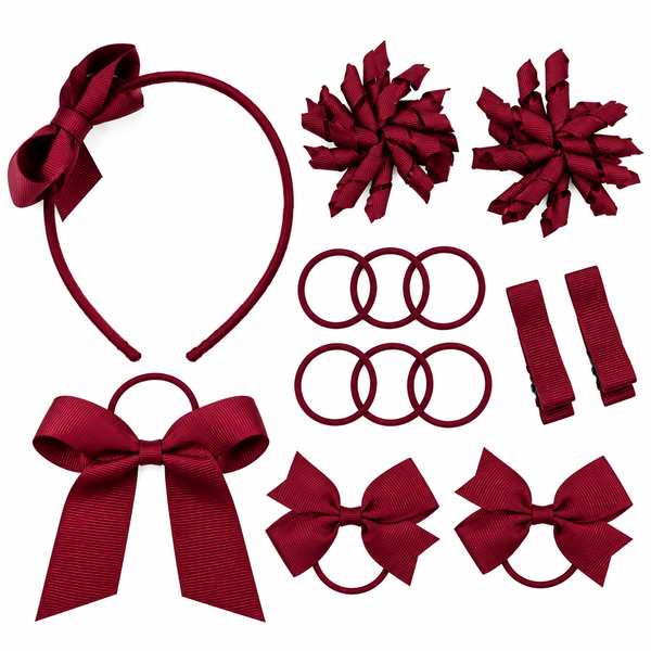School Hair Accessories Maroon Pack Bows, Clips, Hair Ties, Headband