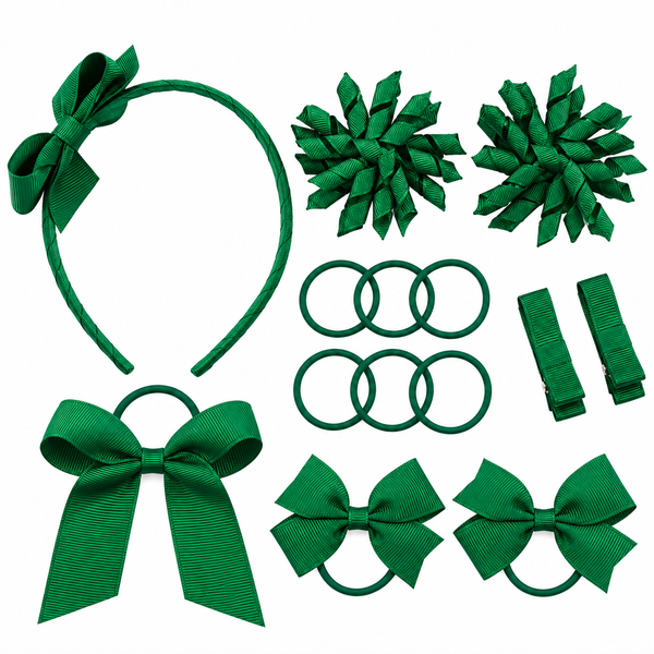 School Hair Accessories Green Pack Bows, Clips, Hair Ties, Headband