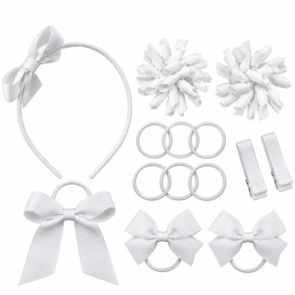 School Hair Accessories white Pack Bows, Clips, Hair Ties, Headband