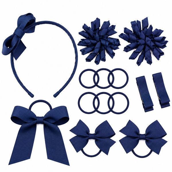 School Hair Accessories Navy Blue Pack Bows, Clips, Hair Ties, Headband
