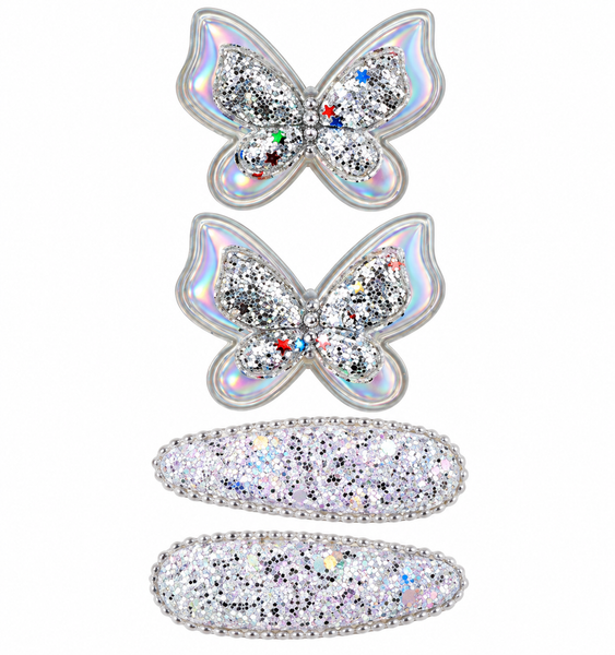 Silver Glitter Butterfly Hair Clips & Snap Clips Set – 4 Piece