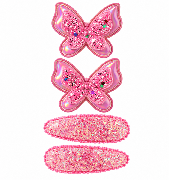 Pink Glitter Butterfly Hair Clips & Snap Clips Set – 4 Piece