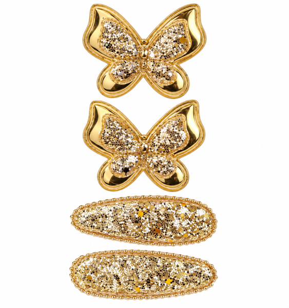 Gold Glitter Butterfly Hair Clips & Snap Clips Set – 4 Piece