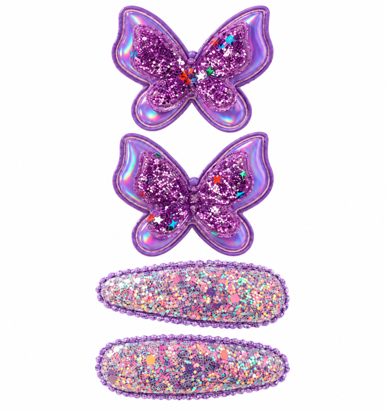 Purple Glitter Butterfly Hair Clips & Snap Clips Set – 4 Piece