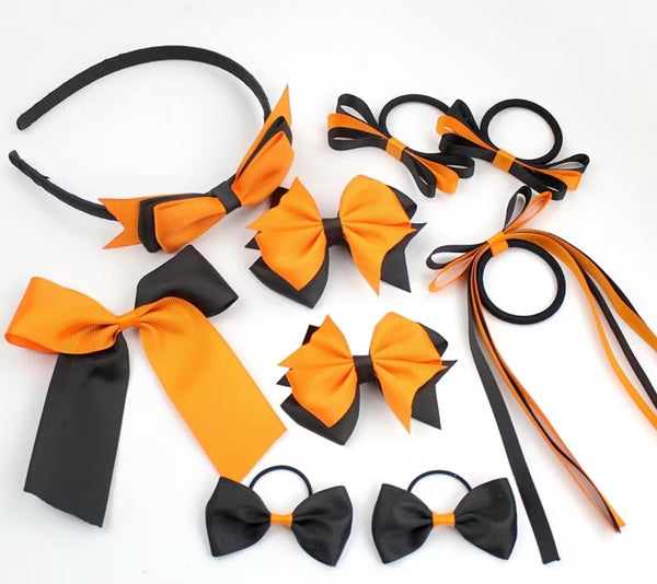 School Hair Accessories Orange and Black Pack Bows, Clips, Hair Ties, Headband