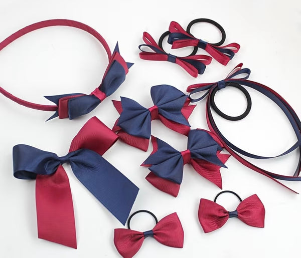 School Hair Accessories Maroon and Navy Blue Pack Bows, Clips, Hair Ties, Headband