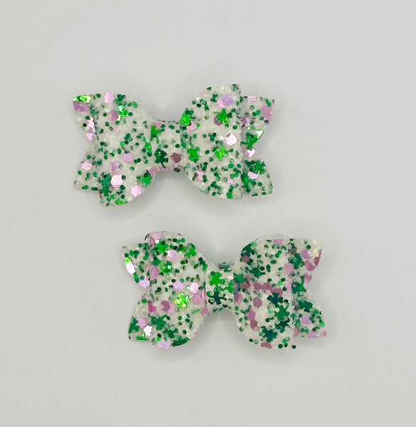 St Patrick’s Day Pink and Green Glitter Mini Pigtail Bows