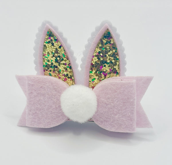 Felt Bunny Ears Hair Clip with Gold Rainbow Glitter Ears