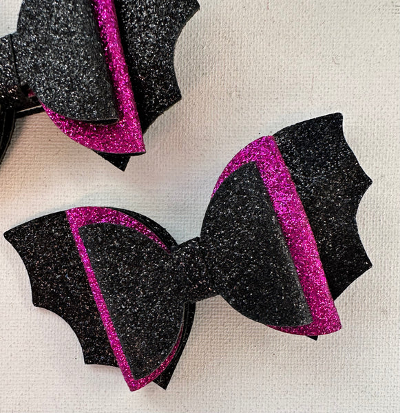 Midnight Black and Pink Bat Wings Halloween Bow Clip