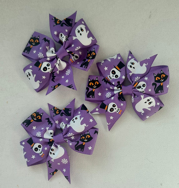 Ghost, Skeleton and Cat Purple Halloween Hair Bow