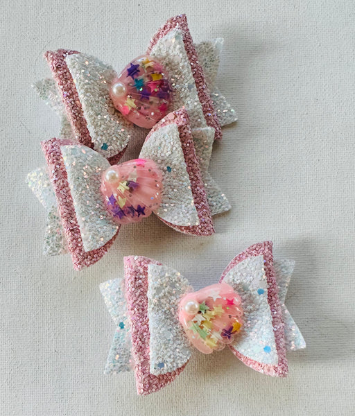 Pink and White Seashell Glitter Bow Hair Clip