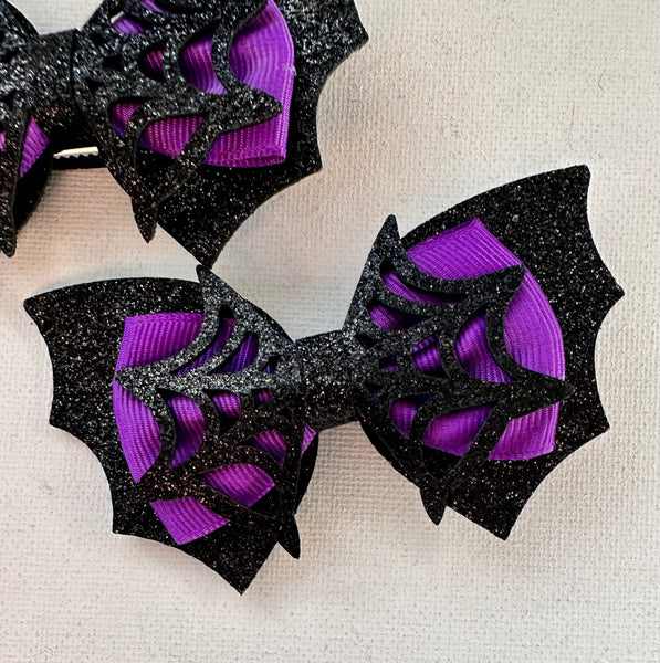Midnight Black and Purple Spider Web and Bat Wings Halloween Bow Clip