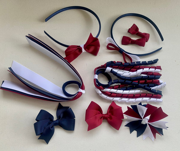 Maroon white and Navy School Hair Accessories Pack 3