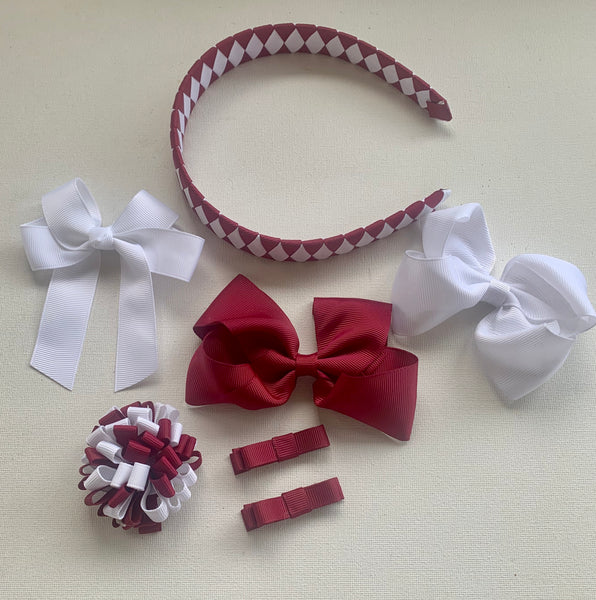Maroon and White School Hair Accessories Pack 2