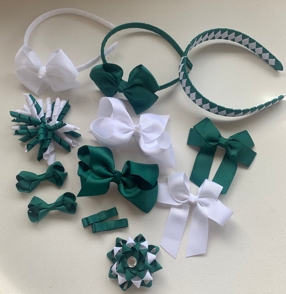 Hunter Green and White School Hair Accessories Pack 1