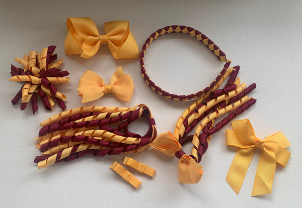 Maroon and Yellow Gold School Hair Accessories Pack 1