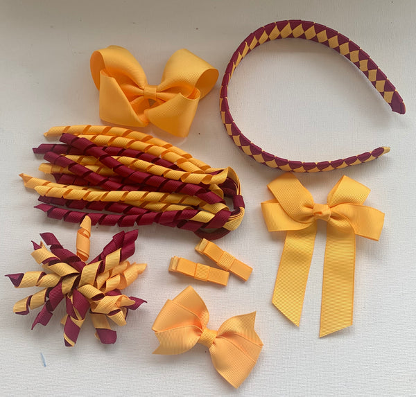 Maroon and Yellow Gold School Hair Accessories Pack 2
