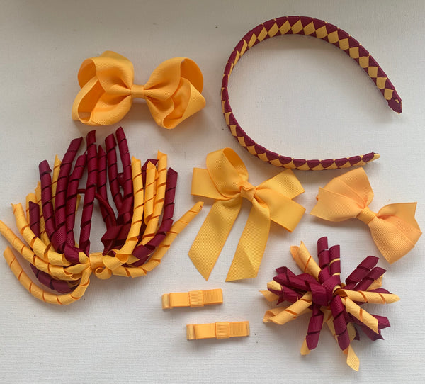 Maroon and Yellow Gold School Hair Accessories Pack 3