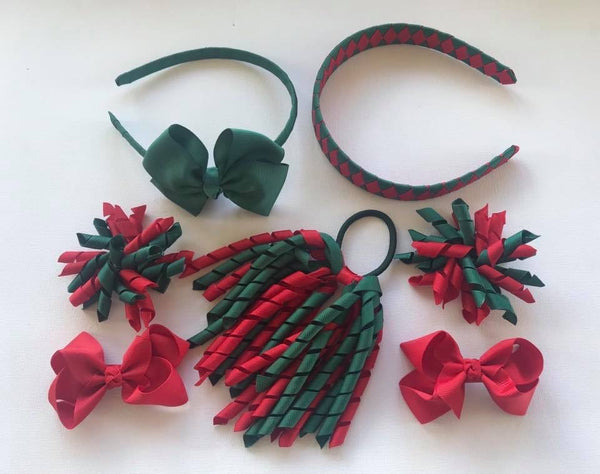 Hunter Green and Red School Hair Accessories Pack 5