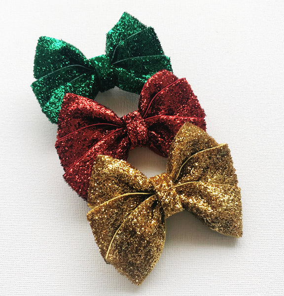 Set of 3 Christmas Glitter Bows Hair Ties, Hair Clips, Headbands