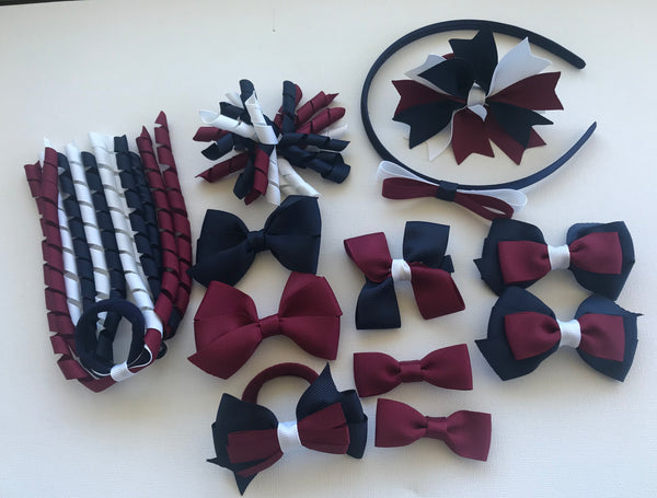 School Uniform, Sport Team Hair Accessories  -custom made, choose colours needed - Mixed Pack Clips, hair ties and headband