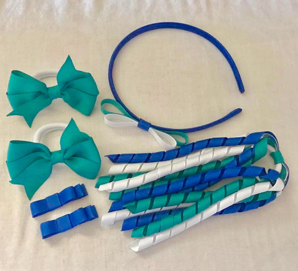 Electric Blue, Jade and White School Hair Accessories Pack 1