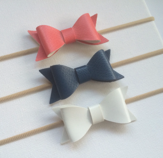 Faux Leather Bow Nylon Headbands 3 pack Coral, Navy and White