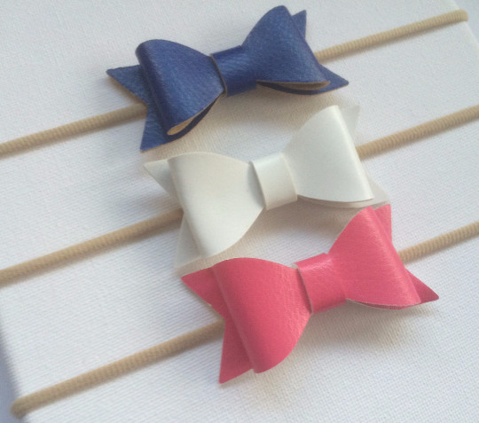 Faux Leather Bow Nylon Headbands 3 pack Hot Pink, White and Royal Blue