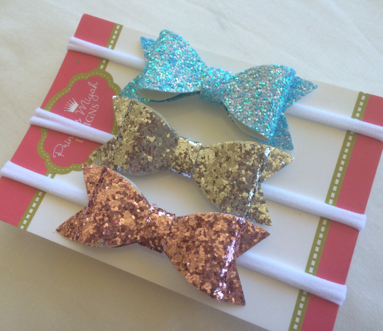 Glitter Bow Nylon Headband 3 pack Pink, Silver and Blue
