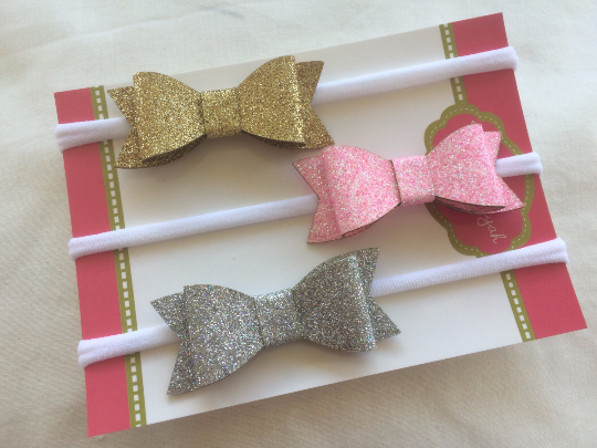 Glitter Bow Nylon Headband 3 pack Gold, Pink and Silver