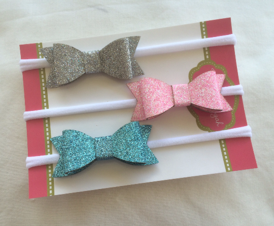 Glitter Bow Nylon Headband 3 pack Silver, Blue and Pink